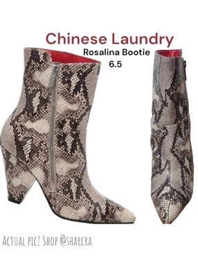 Chinese Laundry Women's Rosalina Bootie faux leather snakeskin print heel boots